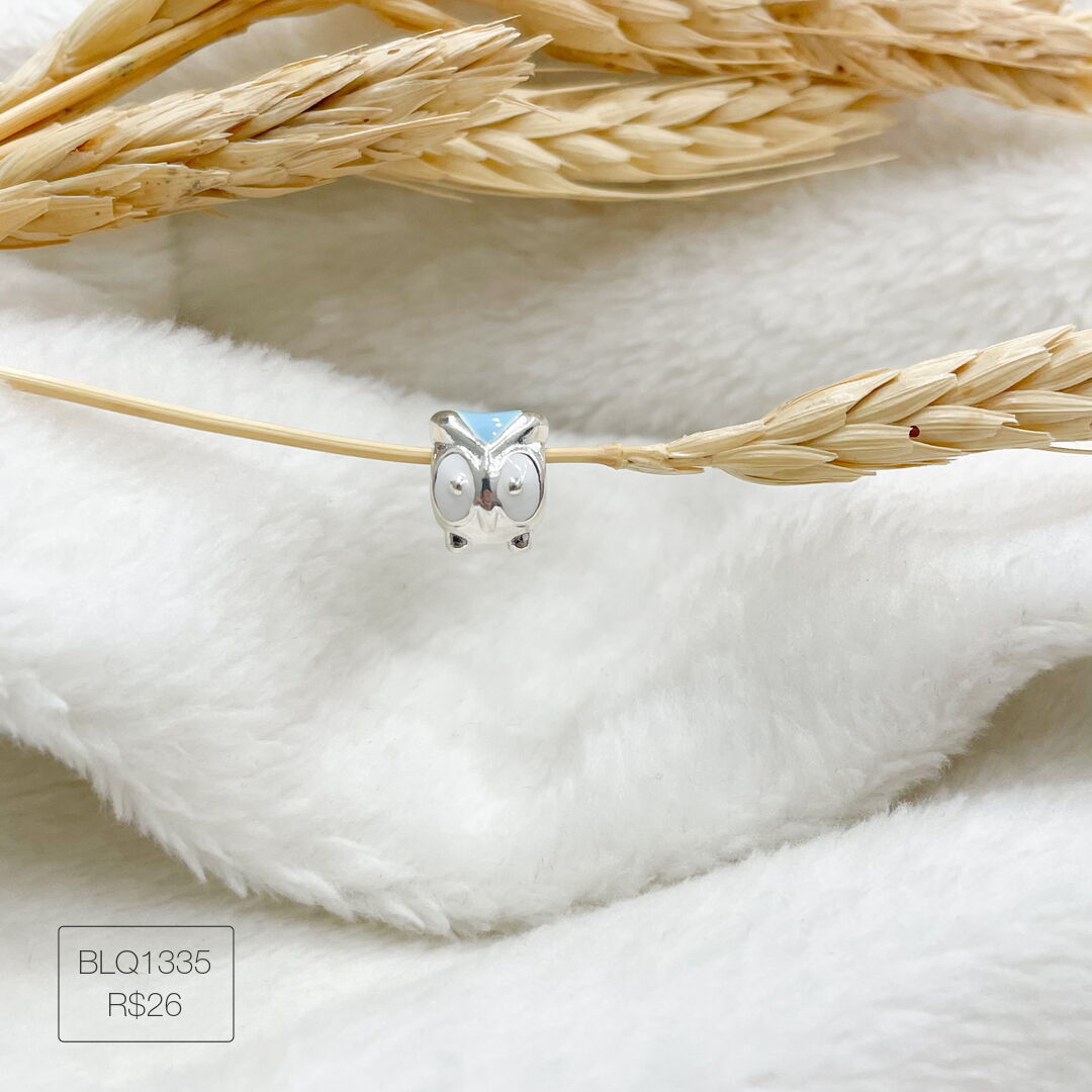 Berloque Coruja Azul Bebê Passador Esmaltado Prateado